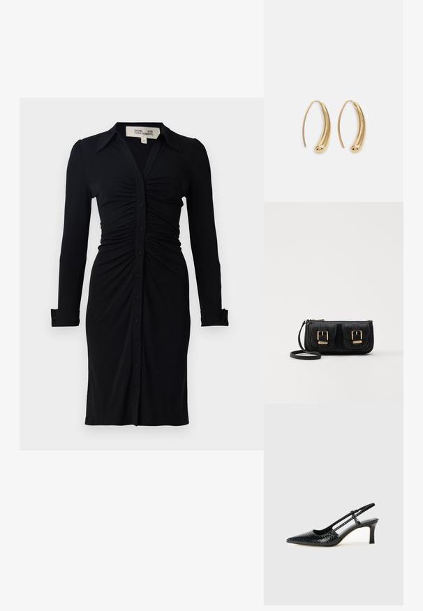 Juodas ilgas rankovės suknelė su apykakle, raukšlėta liemenimi ir mygtukų priekyje, pagaminta iš minkštos medžiagos su standžiais rankovėmis ir rankogaliais.; Juodai lakuoti slingback aukštakulniai su smailiu nosiu, su tekstūruotu gyvatės raštu, reguliuojama juosta ir trumpu, tekstūruotu blokiniu kulnu.; Juodas odinis per petį nešiojamas krepšys su dviem priekiniais kišenėmis, auksiniais sagtimis, užtrauktuko uždarymu ir siauromis petnešomis. Textūruota paviršius ir kompaktiškas stačiakampis formatas.; Auksinės metalinės auskarų kabės su lenktą, pailgą forma. Turi lygų, blizgantį paviršių ir užapvalintą galiuką papildomam akcentui.