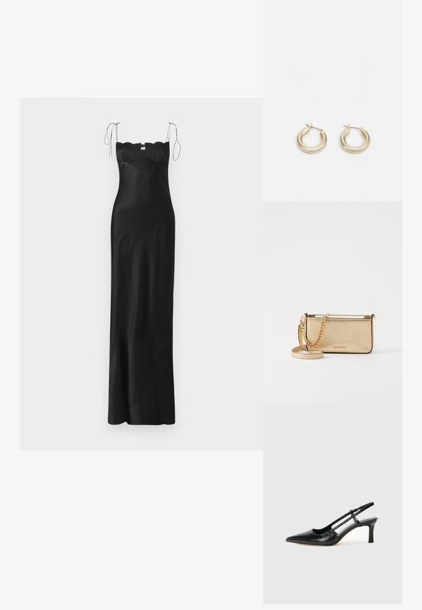 Crna saten maxi haljina s pripijenim siluetom, valovitim detaljima na dekolteu i podesivim naramenicama. Glatka tekstura.; Crne lakirane slingback pete s oštrim vrhom, s teksturiranim uzorkom zmijske kože, podesivom remenom i kratkom, teksturiranom blok-petom.; Metalna zlatna kožna torbica s teksturiranom površinom, opremljena zlatnim lancem i uklonjivom naramenicom. Utisnuti logotip branda.; Lauren Ralph Lauren BASIC SMALL HOOP - Naušnice - gold-coloured