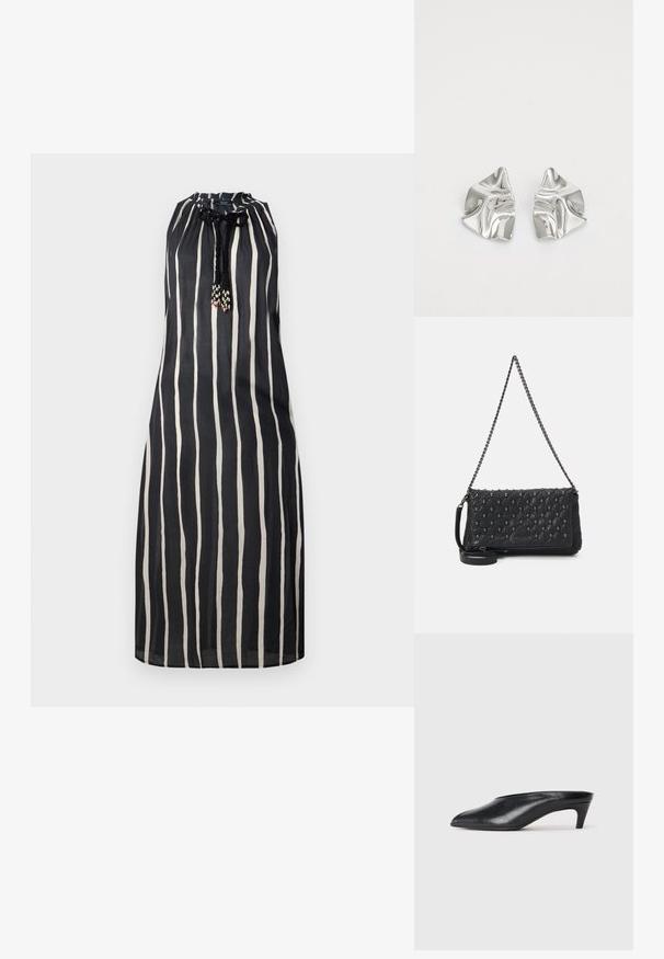 Rochie neagră fără mâneci, cu dungi albe verticale și un șnur împletit cu ciucuri din mărgele la gura de umflare.; Mule-uri din piele neagră cu vârful conic, toc mic și textură netedă. Design minimalistic, fără hardware sau modele vizibile.; Geantă din piele matlasată neagră cu un brâu de lanț, având accente cu cranii și închidere cu fermoar. Suprafață texturată cu un finisaj lucios.; Cercei din metal argintiu cu un design sculptural ondulat, prezentând o finisare lucioasă și forme neregulate, evidențiind o estetică contemporană.