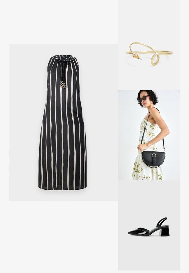 Mustat ilmanhihaiset mekko, jossa on pystysuorat valkoiset raidat ja punottu naru helmikoristeilla kerättyä kaula-aukkoa varten.; Mustat patentoitu nahkakengät, joissa on säären takaosa ja terävä kärki, sekä geometrinen palikkakorko. Sisältää tyylikkään, minimalistisen muotoilun ja sileän pinnan.; Musta nahkainen käsilaukku, joka on kaareva muotoilultaan, irrotettavalla hihnalla ja kultaisilla yksityiskohdilla. Laukussa on läppä, jossa on solk yksityiskohta.; Kultainen metallinen ranneketju, jossa on sulava ja kaareva muotoilu. Yhdessä päässä on pieni, hallitseva hopeanvärinen korostus.