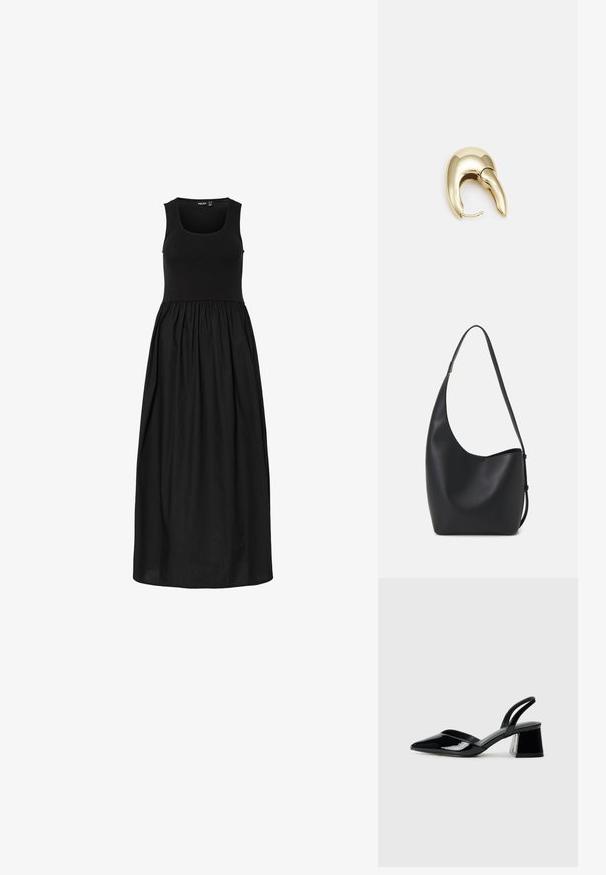 Svart ermeløs kjole med et tettsittende liv og en flytende, rynket skjørt. Laget av lett stoff med en jevn tekstur.; Svarte patentlær slingback hæler med spiss tå og geometrisk blokk hæl. Har et stilrent, minimalistisk design og jevn tekstur.; Svart lær hobo-veske med glatt tekstur, buet form og enkelt justerbart stropp; har en bred åpning på toppen.; Gullfarget metalløredobber med et elegant, buet design. Har en karakteristisk spiss form, polert overflate og hengsel-lukking.