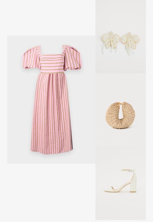 Pasi midi obleka s kvadratnim izrezom in napihnjenimi rokavi. Osnovna barva roza z zlatimi črtami, izdelana iz gladkega materiala, tekoča silhueta.; Bela usnjena sandala z blok peto, ki ima zanko okoli gležnja s sponko in minimalističen dizajn. Odkrit prst in gladke teksture po vsej površini.; Cult Gaia UBAH - Pisemska torbica - wheat; Uhani v obliki cvetov z biserom in z zlatimi poudarki. Vsak cvetni list vsebuje majhne, okrogle bisere razporejene v cvetličnem vzorcu z visečimi bisernimi podrobnostmi.