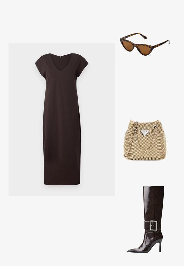 Robe en coton marron avec décolleté en V, manches courtes, coupe décontractée et longueur au genou. Texture lisse avec fentes latérales pour faciliter le mouvement.; Botte en cuir marron foncé, montée jusqu'au genou, avec un bout pointu, un talon aiguille et une large sangle ornée d'une grande boucle en argent rectangulaire.; Lunettes de soleil style œil de chat avec une monture en écaille de tortue noire et orange, verres marron et pointes effilées et élégantes. Présente un logo minimaliste sur la branche.; Le sac à main en or arbore un tissu texturé avec des clous métalliques ronds, une plaque logo triangulaire et une bandoulière en chaîne avec des œillets en métal ronds.; Deux bagues en or sont exposées, l'une épaisse et arrondie, l'autre fine et plate. Les deux présentent une surface lisse et brillante avec une finition polie.