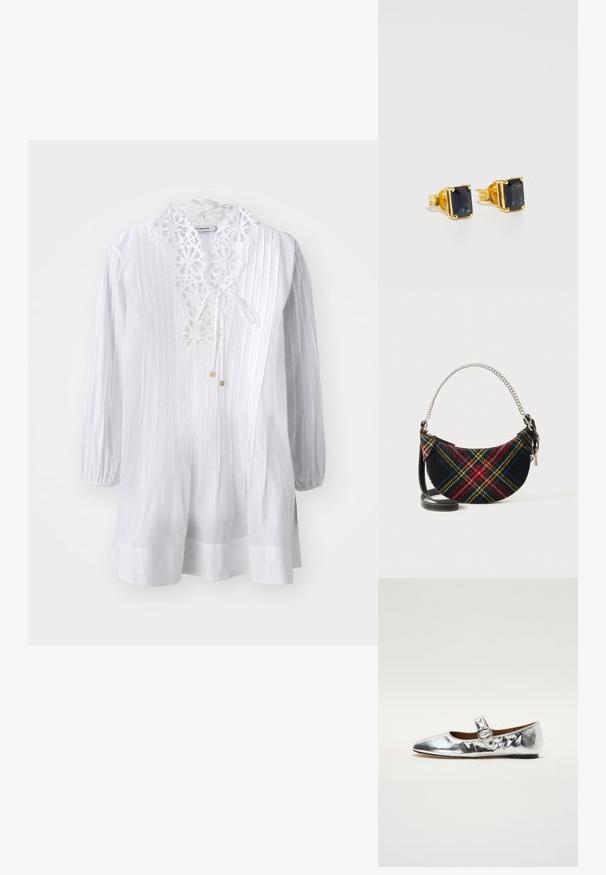 Biała bluzka z ozdobnym koronkowym kołnierzykiem, długimi bufiastymi rękawami i pionowymi prążkami. Posiada zapięcie na sznurek oraz subtelne złote akcenty.; sandro MARY JANE srebrny; Torebka w wzór tartan wykonana z mieszanki wełny, o kształcie półksiężyca, z metalowym srebrnym uchwytem i odczepianym czarnym skórzanym paskiem.; Złote kolczyki w kształcie sztyftów z prostokątnymi, ciemnoniebieskimi kamieniami szlachetnymi w oprawie na nóżkach i gładkim wykończeniu.
