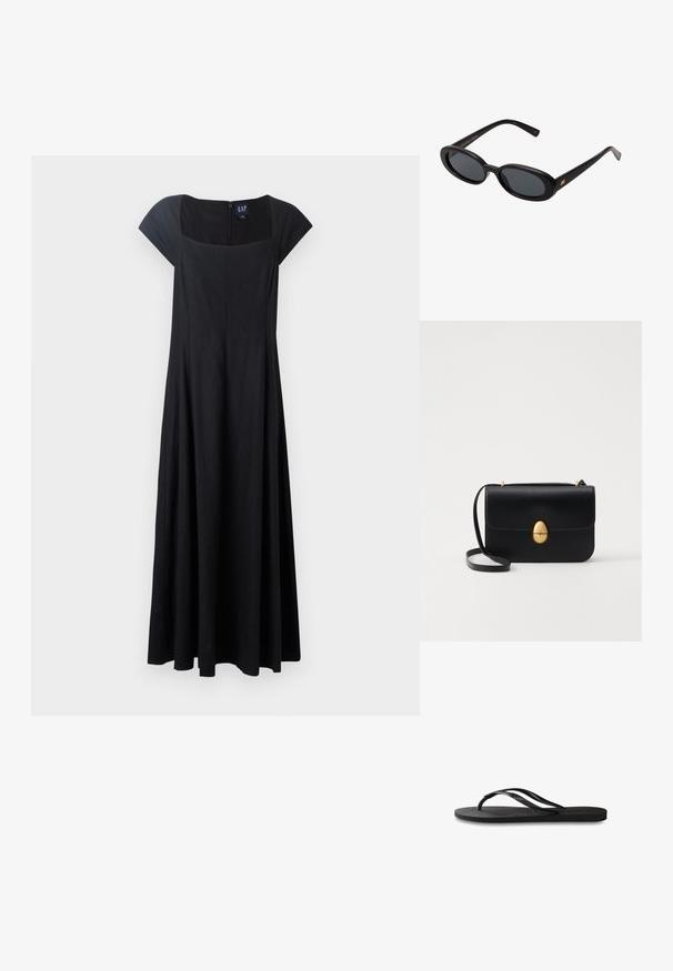 Zwarte mouwloze jurk met een getailleerde bodice, uitlopende rok en een vierkante halslijn. De stof lijkt glad te zijn met een ritsluiting aan de achterkant.; Zwarte flip-flop met een gestructureerde rubberen zool, twee slanke banden en een subtiele, ingedrukte logo-detail op de band.; Zwarte oversized zonnebril met ovale lenzen, een glad plastic montuur en gouden accenten op de pootjes. Donkere lenzen bieden bescherming tegen de zon.; Zwarte leren handtas met een gestructureerde rechthoekige vorm. Voorzien van een gouden ovale sluiting en een dunne schouderband. Glad van textuur.