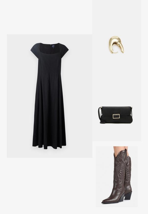 Czarna sukienka bez rękawów z dopasowanym gorsetem, rozszerzanym dołem i kwadratowym dekoltem. Tkanina wydaje się gładka, z zamkiem błyskawicznym z tyłu.; Brązowe skórzane kowbojki z noskiem w kształcie migdała i blokowym obcasem, z detalicznym przeszyciem i podniesionymi akcentami na cholewce.; Czarna skórzana torebka kopertowa z klapką i detalem w postaci złotej metalowej klamry. Zawiera czarny pasek oraz elegancki, minimalistyczny design.; Złote metalowe kolczyki o eleganckim, zakrzywionym kształcie. Posiadają charakterystyczny szpiczasty kształt, polerowaną powierzchnię oraz zapięcie na zawias.