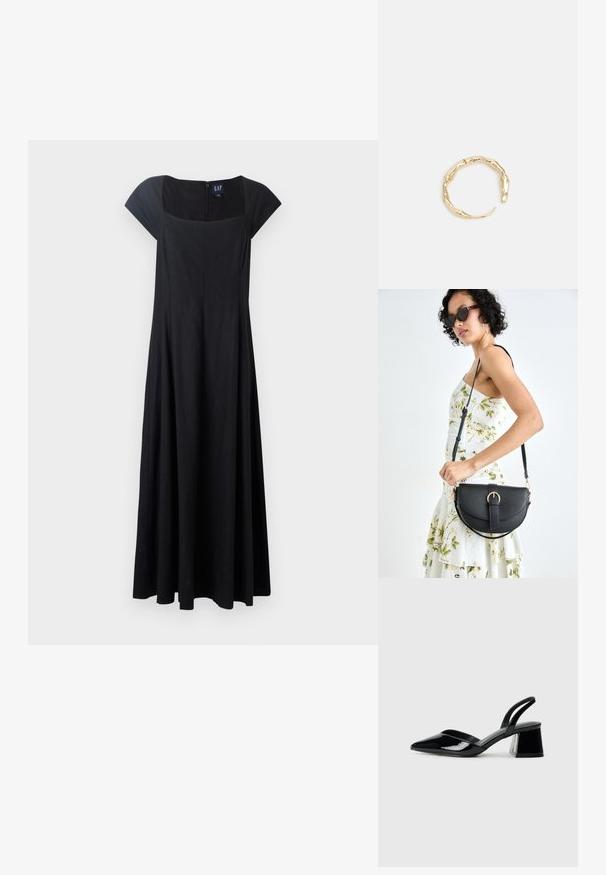 Musta hihaton mekko, jossa on istuva bodice, levenevä hame ja neliönmuotoinen pääntie. Kangas vaikuttaa sileältä, ja takana on vetoketjusulku.; Mustat patentoitu nahkakengät, joissa on säären takaosa ja terävä kärki, sekä geometrinen palikkakorko. Sisältää tyylikkään, minimalistisen muotoilun ja sileän pinnan.; Musta nahkainen käsilaukku, joka on kaareva muotoilultaan, irrotettavalla hihnalla ja kultaisilla yksityiskohdilla. Laukussa on läppä, jossa on solk yksityiskohta.; Kultaketju, jossa on orgaaninen, kierretty muotoilu, sileä pinta ja cappatut päät, luoden modernin, veistoksellisen ilmeen.