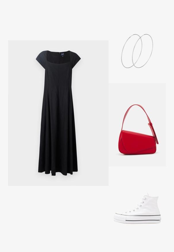 Melnas bez piedurknēm kleita ar pieguļošu korpusu, izplestu svārku un kvadrātveida izgriezumu. Audums izskatās gluds, ar rāvējslēdzēju aizmugurē.; Balti augstie kanvas sporta apavi ar melnu gumijas zoli, priekšējo gumijas purngalu un sešām acīm lencēm, kuriem ir tīrs, minimālistisks dizains.; Sarkans ādas rokassomi ar stūrainu, ģeometrisku dizainu. Iekļauj vienu regulējamu siksnu un vāku ar izšūtu detaļu.; Sudraba gredzenveida auskari ar minimālistisku dizainu. Cirkulāra forma, gluda tekstūra un plāns profils. Vieglu svaru ar spīdīgu apdari.