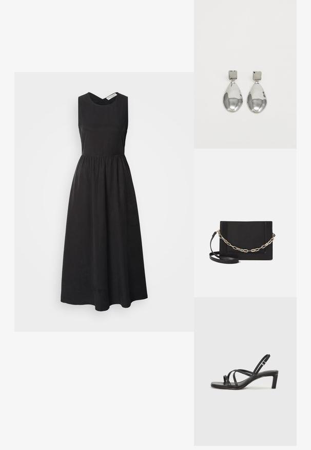 Rochie neagră fără mâneci, cu decolteu în formă de V, talie strânsă și fustă evazată. Fabricată dintr-un material moale și ușor.; Sandal cu barete negre, cu vârf pătrat și toc mic de bloc. Prezintă mai multe barete subțiri și o bareta ajustabilă la gleznă. Fabricat din piele netedă.; Geantă de umăr din piele neagră, cu o textură netedă, formă rectangulară și un detaliu din lanț metalic în față. Include curea reglabilă.; Cercei din argint cu stud pătrat, având un finisaj neted și lustruit, într-o formă de lacrimă, care reflectă lumina cu o suprafață lucioasă.