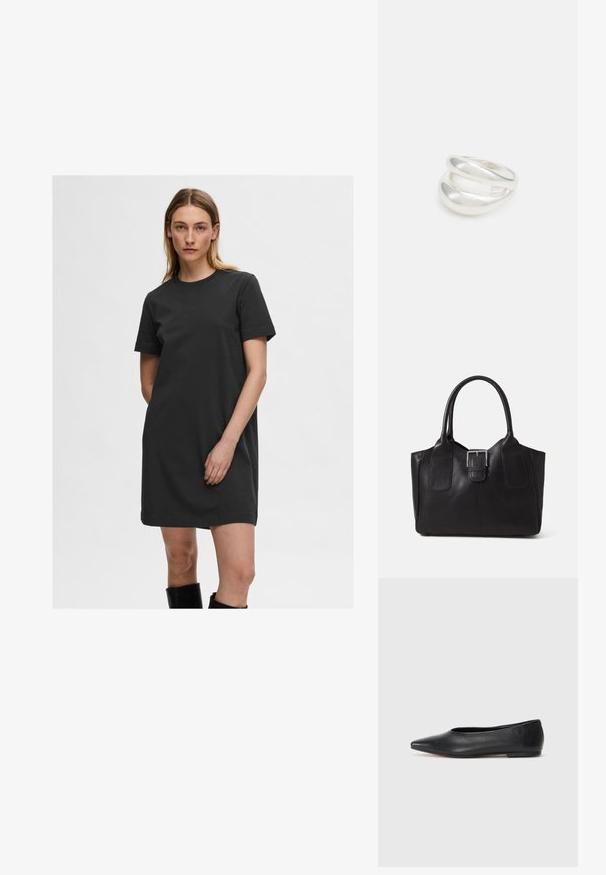 Must mustdress mustast, mis tõmbel, omaduste pealmine peal tagasi, ja siledat kangast.; Musthave mustris balletkingad, terav nina, minimaliseeritud disain, sile pind, madal konts, ilma nähtava riistvara või kaunistusteta.; Mustgamma nahast kott, millel on sile tekstuur, struktureeritud kuju, kaks käepidet ja esiküljel silmapaistev hõbedane pandla detail.; Hõbedane kahekordne rõngas sujuva, poleeritud pinnaga. Omab voolavat, kõverat disaini, millel on kattuvad sektsioonid, et saavutada kaasaegne ilme.