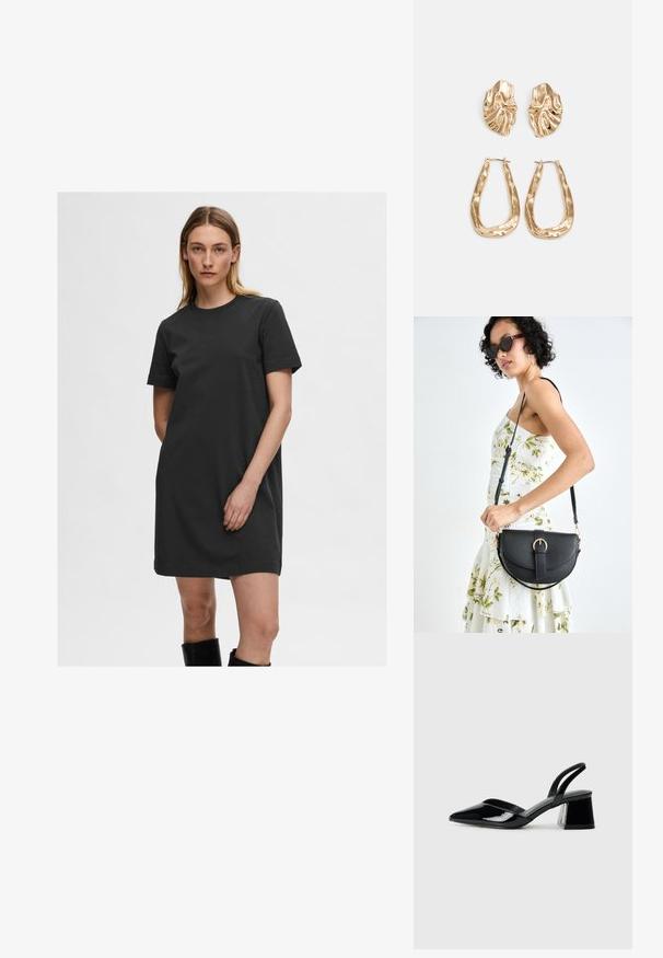 Rochie din bumbac, de culoare neagră, cu guler rotund și mâneci scurte, având o croială lejeră și o textură fină.; Pantofi cu toc slingback din piele lacuită neagră, cu vârf ascuțit și toc geometric. Prezintă un design elegant, minimalist și o textură netedă.; Geantă din piele neagră, cu o formă curbată, curea detașabilă și accesorii aurii. Geanta are un capac cu un detaliu tip cataramă.; Cercei aurii cu forme texturate și ondulate. Include studs sculpturale cu clip și un design de cerc deschis cu un finisaj cioplit.