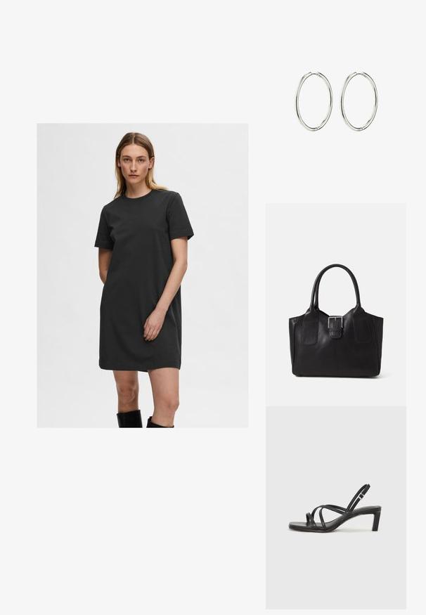 Robe t-shirt noire en coton, avec un col rond et des manches courtes, ayant une coupe décontractée et une texture lisse.; Sandale noire à lanières avec un bout carré et un petit talon bloc. Elle présente plusieurs fines lanières et une sangle de cheville ajustable. Fabriquée en cuir lisse.; Sac fourre-tout en cuir noir avec une texture lisse, une forme structurée, deux poignées et un détail en boucle argentée proéminent à l'avant.; Boucles d'oreilles en argent, avec une finition lisse et polie. Forme ronde, design léger, avec un mécanisme de fermeture sécurisé.