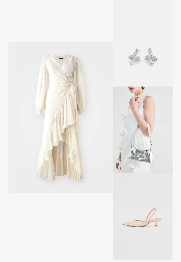 Kremkrāsas apģērbs ar garām piedurknēm un viļņotu apakšmalu. Izgatavots no vieglas, strukturētas auduma, ar jostu jostasvietā un V veida dekoltē.; Bežīgas lakotas ādas slingback papēži ar smailu purngalu un šauru, kvadrātveida papēdi. Gluda tekstūra un minimālistisks dizains bez dekorēšanas elementiem.; Sudraba metāla rokassoma ar struktūru formu, aprīkota ar augšējo rokturi un priekšpusē esošu loku. Gluda tekstūra, atstarojoša virsma.; Sudraba krāsā auskari ar caurspīdīgām, mirdzošām akmens formām, tostarp apaļām un marquise, sakārtoti ziedu dizainā.