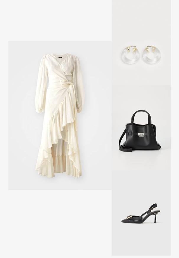 Kreemivärvi pikkkleit, millel on pikad varrukad ja volangiga serv. Valmistatud kerge tekstuuriga käestatud kangast, millel on vöökoht ja V-dekoltee.; Must musta slinga-seljak, terav varvas, peen kont ja kuldse tooni aksessuaar vampiiril. Sile tekstuur ja struktureeritud disain.; Mustmust kott, millel on tekstuuriga viimistlus, sisaldab kahte ülemist kättehaaret, eemaldatavat õlarihma ja hõbedast luku detaili.; Selged akrüülist rõngas kõrvarõngad kuldsetooniliste metallaktsentidega ning poleeritud viimistlusega. Omab sujuvat, ringikujulist disaini.