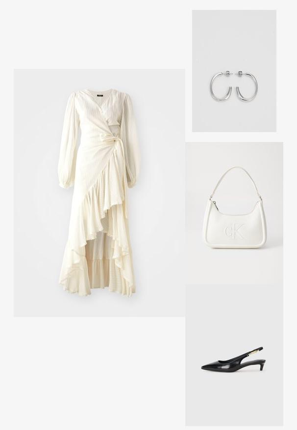 Tejdzsiszton, világos krém színű, hosszú ujjú, fodros aljú ruha. Könnyű, texturált anyagból készült, deréknál megkötővel és V-kivágással.; Fekete bőr slingback magassarkúk, hegyes orral, vékony sarkakkal és arany színű részlettel a állítható pánton. Simа felület.; Fehér bőrtáska ívelt formájú, elöl feltűnő "CK" logóval, egyetlen vállpánttal. Cipzáras zárás a tetején.; Ezüst karika fülbevalók sima, fényes felülettel. Lekerekített forma, könnyű kialakítással, tűs zárómechanizmussal.