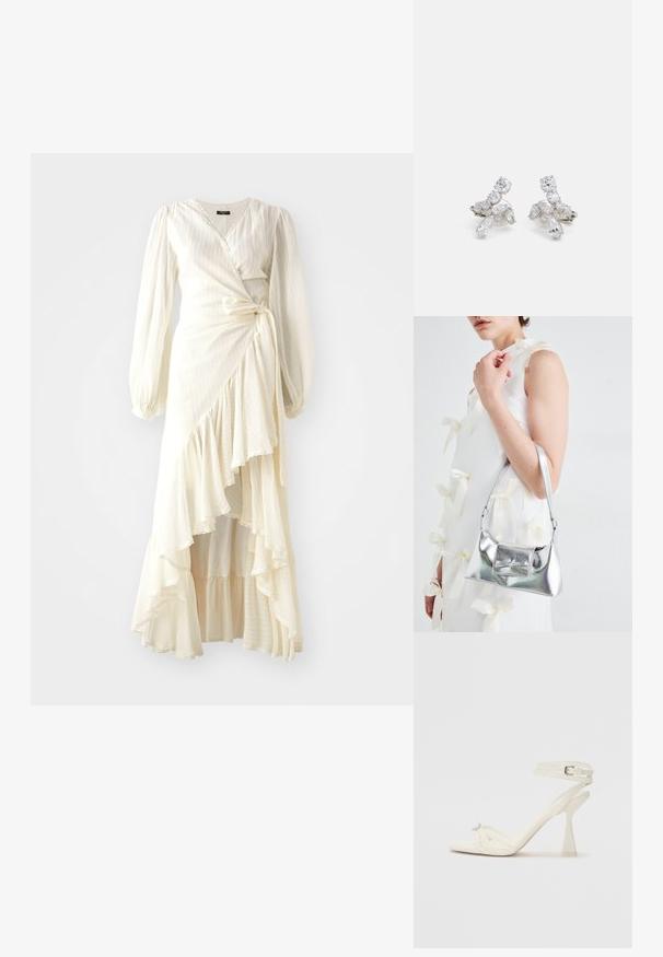 Krémové zavinovacie šaty s dlhými rukávmi a volánom na konci. Vyrobené z ľahkej textúrovanej látky so stiahnutím v páse a výstrihom do V.; Biele kožené sandále na vysokom podpätku s pásikmi, elegantným dizajnom, priehľadným blokovým podpätkom a dekoratívnym prvkom na špičke.; Strieborná metalická kabelka so štruktúrovaným tvarom, ktorá má hornú rukoväť a mašľu na prednej strane. Hladká textúra, reflexný povrch.; Strieborné náušnice so čírymi, iskriacimi kameňmi rôznych tvarov, vrátane okrúhlych a marquise, usporiadané do kvetinového dizajnu.