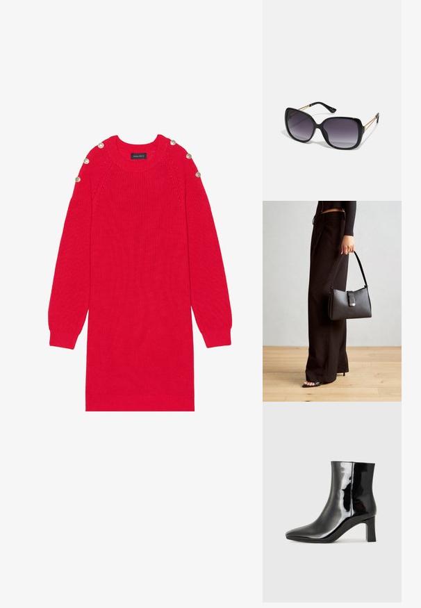 Robe en tricot rouge avec des manches longues, des poignets côtelés et des boutons aux épaules. Elle possède un col rond et une coupe décontractée.; Bottines en cuir verni noir avec un bout pointu et un talon block de hauteur moyenne. Texture lisse et design minimaliste.; Lunettes de soleil noires surdimensionnées avec des verres dégradés, monture épaisse et détails en chaîne dorée sur les branches.; Sac à main noir à la forme structurée, texture lisse et fermoir métallique. Associé à un pantalon noir ample et des sandales ouvertes sur un sol en bois.