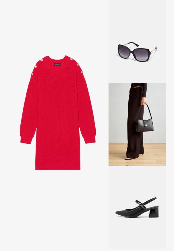 Robe en tricot rouge avec des manches longues, des poignets côtelés et des boutons aux épaules. Elle possède un col rond et une coupe décontractée.; Escarpins slingback en cuir verni noir avec un embout pointu, un design à découpes arrondies et un talon carré. Présente un accent de boucle en ton doré.; Lunettes de soleil noires surdimensionnées avec des verres dégradés, monture épaisse et détails en chaîne dorée sur les branches.; Sac à main noir à la forme structurée, texture lisse et fermoir métallique. Associé à un pantalon noir ample et des sandales ouvertes sur un sol en bois.