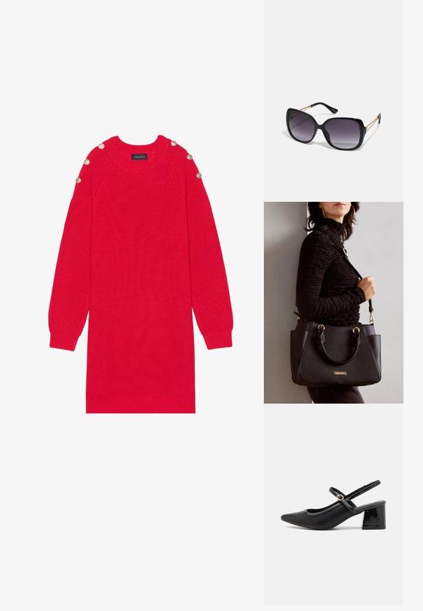Rotes gestricktes Sweaterkleid mit langen Ärmeln, gerippten Bündchen und Schulterknöpfen. Es hat einen runden Ausschnitt und einen entspannten Schnitt.; Schwarze Lackleder-Slingback-Absätze mit spitzer Zehenform, einem runden Ausschnitt-Design und einem Blockabsatz. Mit einem goldfarbenen Schnallenakzent.; Schwarze übergroße Sonnenbrille mit getönten Gläsern, dicken Rahmen und goldfarbener Kettendetaillierung an den Bügeln.; Schwarze Handtasche mit strukturierten Oberflächen, doppelten Obergriffen und verstellbarem Schultergurt. Mit goldfarbener Hardware und Seitentaschen.