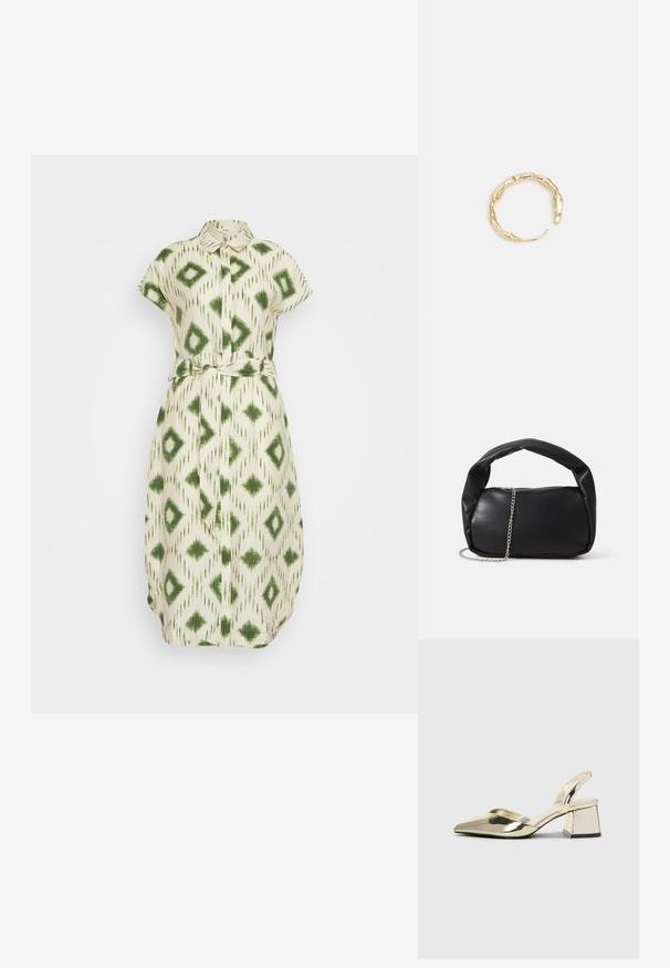 Object OBJBERRY LONG DRESS - Marškininė suknelė - sandshell/peridot; Auksiniai, metaliniai slingback aukštakulniai bateliai su smailiu pirštu ir masyviu kulnu. Lygus paviršius, minimalizmo dizainas ir siaura juostelė.; Juodas odinis rankinukas su apvalia forma, storu rankena ir sidabriniu grandininiu dirželiu. Lygi tekstūra su silpnu blizgesiu.; Auksinės spalvos žiedas, turintis organišką, sukimosi dizainą su lygiu paviršiumi ir siaurėjančiais galais, sukuriantis modernią skulptūrinę išvaizdą.