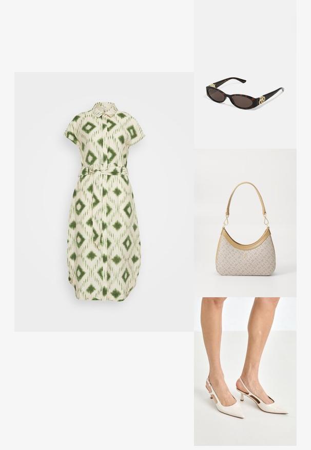 Object OBJBERRY LONG DRESS - Blusenkleid - sandshell/peridot; Beige Lackleder Slingback-Absätze mit spitzem Fuß und 5 cm Absatz, mit ausgeschnittenen Seiten und einem schmalen Knöchelriemen.; Schildpatt-Sonnenbrille mit länglich-ovalen Gläsern, braunem Farbton, goldenen Logo-Akzenten an den Bügeln und schlanken schwarzen Bügeln.; Beige gemusterte Handtasche mit geschwungener Form, Lederakzenten und einem goldfarbenen Logo auf der Vorderseite. Verfügt über einen kurzen Griff für einfaches Tragen.; Perlen- und Kristallhalskette mit einem runden, perlenbesetzten Design in sanften Farbtönen, das abwechselnd Perlen und funkelnde Akzente zeigt, um den Hals getragen.