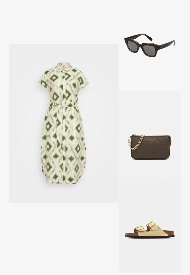 Object OBJBERRY  piaskowy; Złote wegańskie skórzane sandały z dwoma regulowanymi paskami, korkową wkładką i ciemną gumową podeszwą. Gładka tekstura z metalicznym wykończeniem.; Prostokątne okulary słoneczne z oprawką z plastiku w stylu żółwia, ciemnymi soczewkami i srebrnymi akcentami po bokach. Wyprodukowano we Włoszech.; Brązowa skórzana torebka na ramię z wzorem logo, złotym łańcuszkiem na pasku, zapięciem na zamek błyskawiczny oraz złotymi akcentami. Kompaktowy i prostokątny kształt.