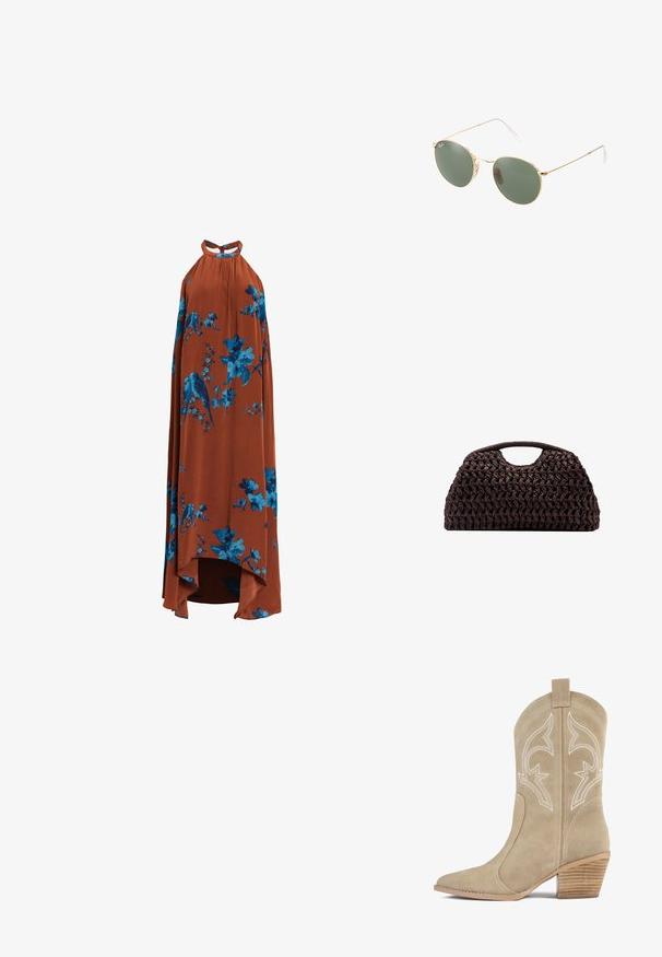 Langes Halterkleid aus leichtem Stoff in verbranntem Orange, mit blauem Blumen- und Vogelmuster, ausgestattet mit einem High-Low-Saum.; Beige Wildleder-Kowboystiefel mit spitzem Zehenbereich, dekorativer weißer Stickerei und gestapeltem Holzabsatz. Verfügt über eine Schlaufe an der Rückseite.; Sonnenbrille mit goldfarbenem Metallrahmen und grünen Gläsern, runder Form, dünnen Bügeln und weißen Kunststoffakzenten an den Enden der Bügel.; Geflochtener brauner Handtasche mit runder Silhouette, ausgestattet mit einem oberen Griff und strukturierten Oberfläche. Kompaktes Design mit flachem Boden für Stabilität.