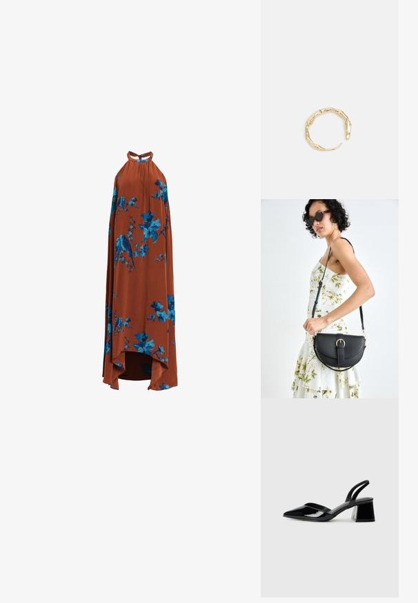 Ilga halter suknelė, pagaminta iš lengvos medžiagos, deginto oranžinės spalvos, su mėlynomis gėlių ir paukščių atspaudais, su aukšta-nuolaida hemline.; Juodos lakuotos odinės šlepetės su smailiu pirštu ir geometriniu bloko kulnu. Turi elegantišką, minimalistinį dizainą ir lygų paviršių.; Juodas odinis krepšys su išlenkta forma, nuimamu dirželiu ir auksiniais detalėmis. Krepšys turi kilpą su sagtimi.; Auksinės spalvos žiedas, turintis organišką, sukimosi dizainą su lygiu paviršiumi ir siaurėjančiais galais, sukuriantis modernią skulptūrinę išvaizdą.