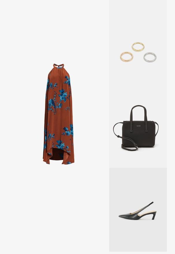 Kerge kangast, põlevoranž halter kleit, millel on sinised lille- ja linnukujutised ning kõrge madala hemline.; Must mustaga, terav varvas, madala kontsaga sildiga king, mis on valmistatud siledast nahast ja mille küljel on lõike disain hingavuse tagamiseks.; Musthave mustrans vöö ja eemaldatav õlarihm. Gludike nahk siledaga, millel on tõmblukk ja logo detail.; Kolme metallist rõngast: üks roosa kuld, üks kuld tekstuursete aktsentidega ja üks hõbe, kõik sisepoolt graveeritud brändinguga.