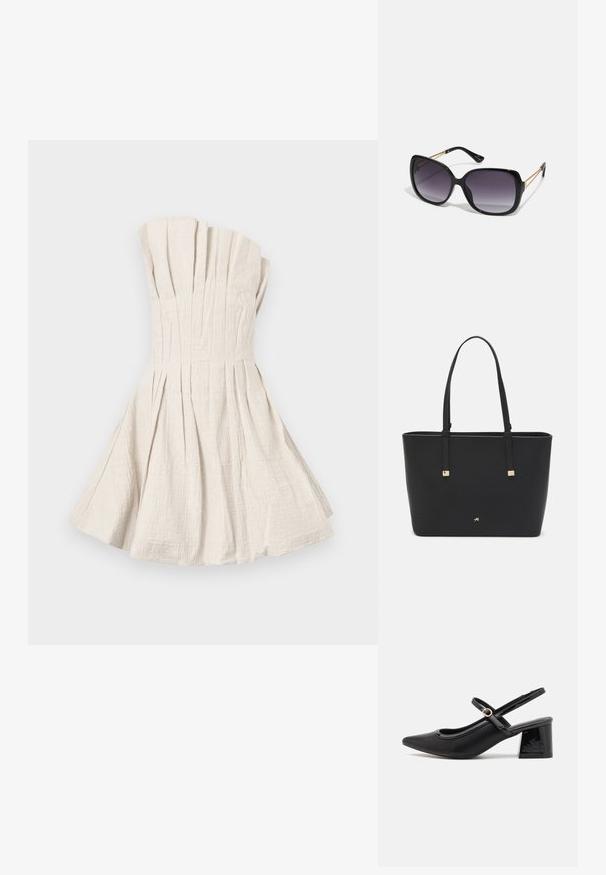 Haljina bez naramenica, svijetlo bež boje, izrađena od teksturiranog materijala, s višestrukim uspravnim nabranjima i lepršavom suknjom.; Crne lakirane slingback visoke potpetice s šiljastim vrhom, zaobljenim izrezom i blok potpeticom. Sadrži akcent zlatnog tona s kopčom.; Crne prevelike sunčane naočale s gradijentnim lećama, debelim okvirom i zlatnim lancem kao detaljem na krakovima.; Crna torba od sintetičkog materijala, s jednostavnim pravokutnim dizajnom, zlatnim kvadratnim detaljima i dvostrukim ručkama.