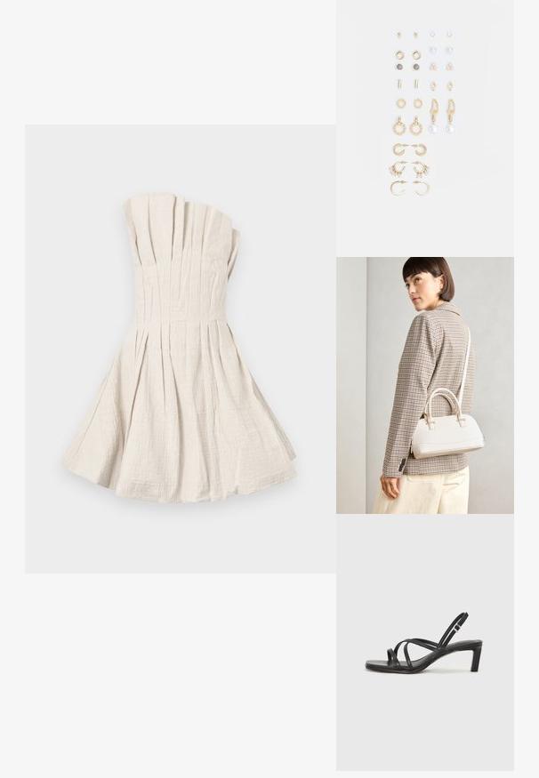 Bežinis bez-diržo suknelė, pagaminta iš tekstūruotos medžiagos, su daugybe vertikalių raukšlių ir platėjančia sijonu.; Juodi šlepetės su kvadratiniu pirštu ir žemu bloku kulnu. Yra keli ploni dirželiai ir reguliuojamas kulkšnies diržas. Pagaminti iš lygios odos.; Balta struktūruota rankinė su trumpomis rankenomis ir peties diržu, su auksinėmis detalėmis ir tekstūruota medžiaga, pastatyta prieš pilką foną.; Auksiniai auskarai su įvairiais dizainais, įskaitant studus, žiedus ir kabančius modelius su perlų ir kristalų akcentais.