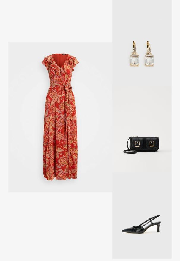 Rdeča cvetna maxi obleka z V-izrezom, naboranimi rokavi in pasom. Narejena iz lahkega materiala z tekočim dizajnom.; Črne lakaste slingback pete s koničastim nosom, ki imajo teksturiran vzorec kačje kože, nastavljiv trak in kratek teksturiran blok peto.; Črna usnjena torbica čez ramo z dvema sprednjima žepoma, zlatimi zaponkami, zadrgo in ozkim pasom. Tekstura površine je strukturirana, obliko pa ima kompaktno pravokotno.; Zlato obarvani uhani, ki vsebujejo pravokoten, prozoren kristal, obešen pod vrsto majhnih, okroglih prozornih dodatkov. Elegantna, moderna zasnova.
