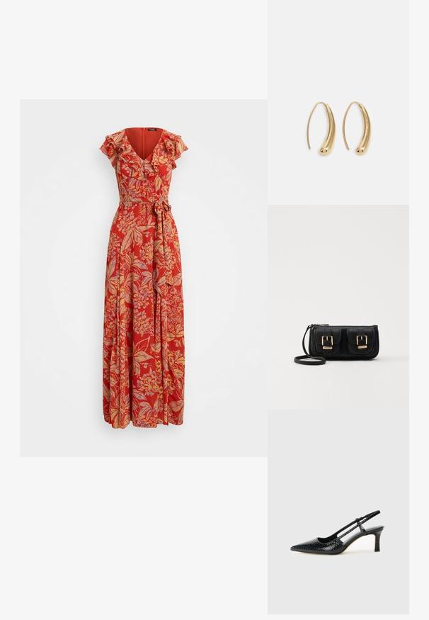 Červené kvetinové maxi šaty s výstrihom do V, volánovými rukávmi a opaskom v páse. Ušité z ľahkého materiálu s voľným strihom.; Čierne patentové slingback topánky na ihlovom podpätku s špicatou špičkou, s textúrovaným hadím vzorom, nastaviteľným popruhom a krátkym, textúrovaným blokovým podpätkom.; Čierna kožená crossbody taška s dvoma prednými vreckami, zlatými sponami, zipsovým uzatváraním a úzkym popruhom. Štruktúrovaný povrch a kompaktný obdĺžnikový tvar.; Náušnice vo forme zlatých kovových kruhov s zakriveným, predĺženým tvarom. Majú hladký, lesklý povrch a zaoblený koniec pre pridanie detailu.