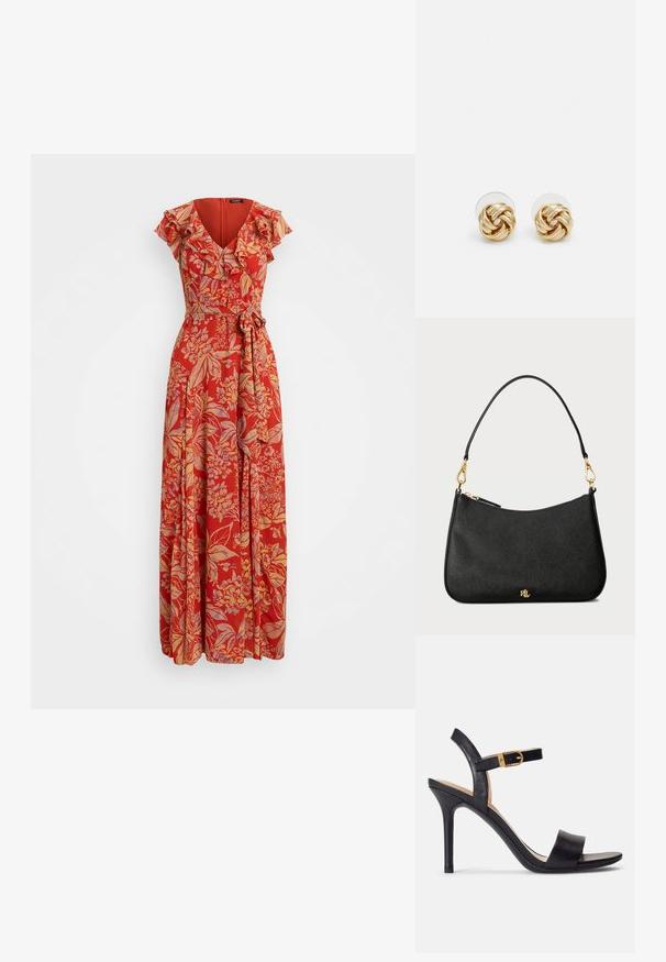 Rochie maxi roșie cu flori, cu decolteu în V, mâneci volan și talie prinsă cu curea. Fabricată din material ușor, cu un design fluid.; Sandale înalte negre, cu toc, cu un superior din piele netedă, vârf deschis și un design cu un singur bretele, accentuat cu o cataramă aurie.; Geantă de mână din piele neagră cu un design structurat, având închidere cu fermoar, curea detașabilă și accente din metal auriu.; Cercei cu tija aurie, cu un design răsucit. Fiecare cercel are un fundal circular transparent pentru o purtare sigură.
