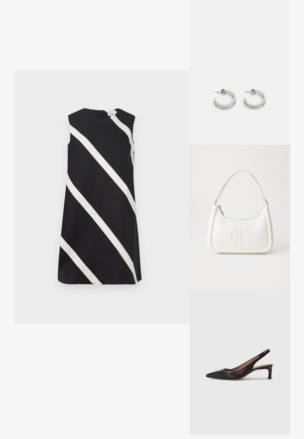 Fekete, ujjatlan ruha széles fehér átlós csíkokkal és kerek nyakkivágással.; Fekete bőr slingback pumpa hegyes orral, alacsony sarokkal és sima textúrával. Vékony, állítható pánttal rendelkezik a biztos illeszkedés érdekében.; Fehér bőrtáska ívelt formájú, elöl feltűnő "CK" logóval, egyetlen vállpánttal. Cipzáras zárás a tetején.; Ezüst karika fülbevaló, sima felülettel, az alsó széleken egy sor apró, tiszta kővel, és hátulról rögzített záródással.