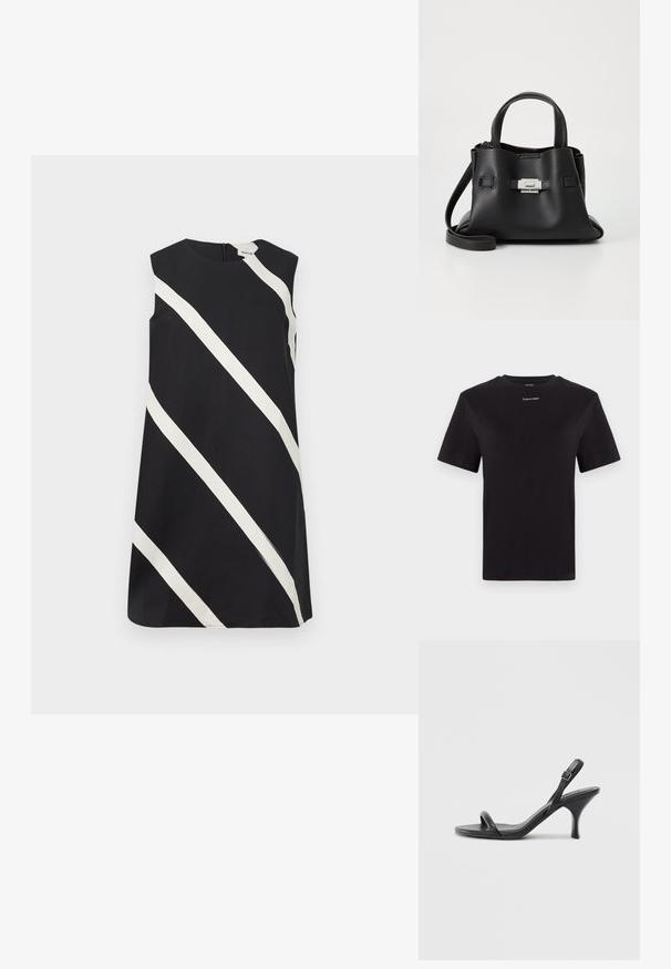 Rochie neagră fără mâneci, cu dungi diagonale albe late și decolteu rotund.; Tricou negru din bumbac, cu mâneci scurte, gât rotund și un mic logo alb "Calvin Klein" pe piept. Textură netedă, croială clasică.; Sandale cu toc înalt din piele neagră, cu un toc subțire și curbat și un design cu curea încrucișată. Curea la gleznă ajustabilă. Textură netedă.; Geantă de mână din piele neagră cu o finisare texturată, având două mânere superioare, o curea de umăr detașabilă și un detaliu cu închidere din argint.