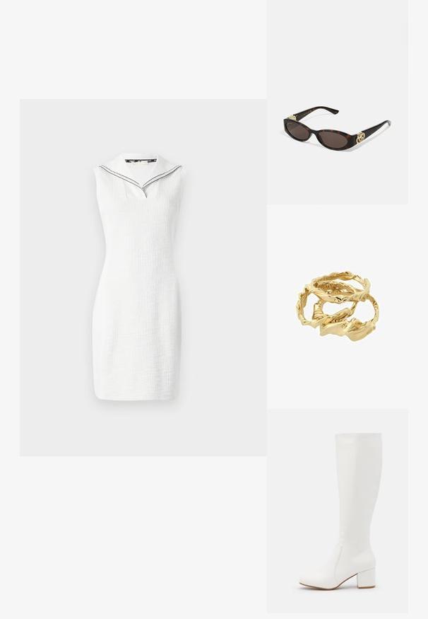 Bala bez piedurknēm ar teksturētu virsmu, ar v veida dekoltē un jūrnieka stila apkakli ar melnu apdari. Garums līdz priekšējai augšstilba daļai.; Baltas līdz ceļgaliem augstpapēžu zābaks ar gludu, spīdīgu apdari. Kvadrāta formas bloka papēdis un smalks šuvums gar sāniem.; Tīģerbrūnā sauļošanās brillēm ar izstieptām ovālām lēcām, brūnu tonējumu, zeltītiem logotipa akcentiem uz tempļiem un plānām melnām kājām.; Zelta toņa savērptie gredzeni sakrauti kopā, ar teksturētu dizainu un gludām, lokainām malām, radot organisku, plūstošu izskatu.