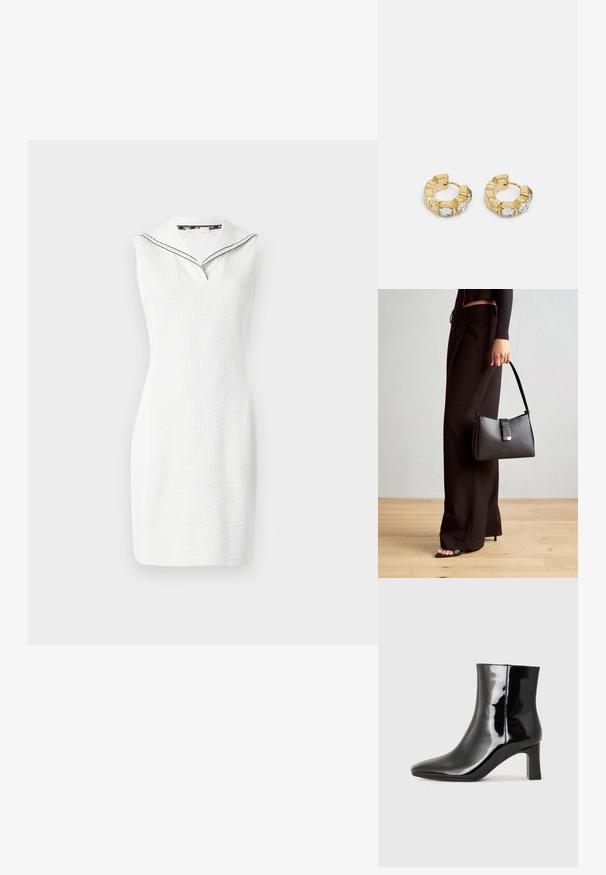 Weißes ärmelloses Kleid mit einer strukturierten Oberfläche, verfügt über einen V-Ausschnitt und einen Matrosenkragen mit schwarzem Besatz. Länge bis zur Mitte des Oberschenkels.; Schwarzer Lackleder-Stiefelette mit spitzer Zehe und einem mittelhohen Blockabsatz. Glatte Textur und minimalistisches Design.; Schwarze Handtasche mit strukturierter Form, glatter Textur und einem metallischen Verschluss. Kombiniert mit weiten schwarzen Hosen und offenen Sandalen auf einem Holzboden.; Goldene Creolen mit einem strukturierten Design und drei klaren Kristallakzenten auf einer Seite, die eine moderne geometrische Ästhetik bieten.