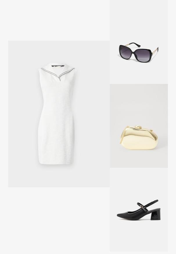 Bala bez piedurknēm ar teksturētu virsmu, ar v veida dekoltē un jūrnieka stila apkakli ar melnu apdari. Garums līdz priekšējai augšstilba daļai.; Melns patentēts ādas sandales ar norādīta pirksta formu, noapaļotu izgriezuma dizainu un bloķētu papēdi. Iezīmēta ar zelta toņa sprādzi.; Melni pārmērīgi lieli saulesbrilles ar gradāciju lēcām, biezām rāmja malām un zeltainas krāsas ķēžu detaļām uz tempļiem.; Metāliska zelta maciņš ar gludu, noapaļotu formu, aprīkots ar augšējo pogu aizdari un mazu ķēdes siksniņu ērtai nēsāšanai.