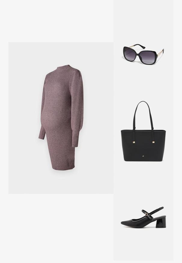 Strikket graviditetkjole i støvet rosa, med ribbet tekstur, høy hals og lange ermer, designet for å passe over en voksende mage.; Sorte lakk lær slingback hæler med spiss tå, et avrundet utskjæringsdesign og blokkheel. Har en gulltone spenne som detalj.; Sorte oversized solbriller med gradient linser, tykke rammer og detaljering med gulltonekjede på tempelarmene.; Svart totebag laget av syntetisk materiale, med et enkelt rektangulært design, gullfargede firkantede detaljer og doble håndtak.