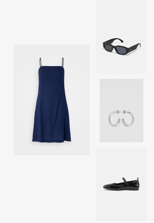 Gap Tall Kasdienė suknelė - dark indigo; Juodas lakinės odos butas su smailiu nosiu, kulkšnies dirželiu su sagtimi ir lygia, blizgia tekstūra. Žemas kulnas dėl patogumo.; Juodos akiniai nuo saulės su stačiakampiais rėmeliais, matinio paviršiaus, tamsiais objektyvais ir šiek tiek lenktomis rankenėlėmis. Diskretiška logotipo detalė ant vienos rankenėlės.; Sidabrinės auskarai žiedai su lygiu, blizgiu paviršiumi. Suapvalinta forma, lengvas dizainas, su uždarymu ant smeigtuko.