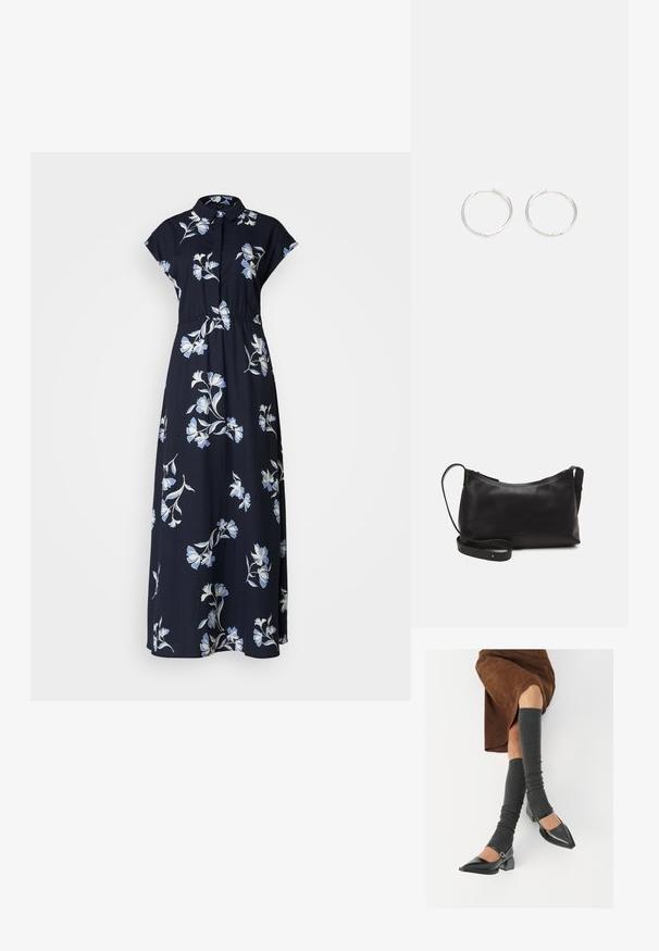 Rochie maxi florală din țesătură bleumarin, cu modele florale albastre și albe, cu mâneci scurte sub formă de capă și un decolteu cu guler, având talie ajustată.; Pantofi negri din piele lacuită, cu vârful ascuțit, toc bloc și curea la glezna, asortați cu jambiere gri cu nervuri și o fustă din suede maro.; Geantă de umăr din piele neagră, cu o textură netedă, formă curbată, curea ajustabilă și închidere cu fermoar. Design minimalist, fără embellishments.; Cercei din argint cu un design elegant și rotund, având o suprafață netedă și fără embellismente vizibile. Diametrul nu este specificat.