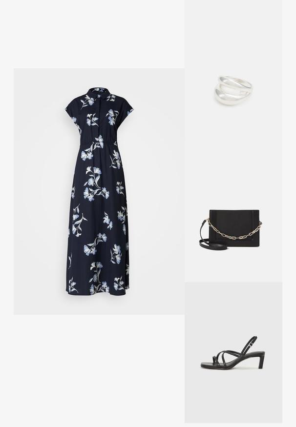 Tamsiai mėlynas gėlėmis puoštas ilgasis sijonas, su šviesiai mėlynomis ir baltomis gėlių raštais, trumpomis rankovėmis, apykakle ir priderintu liemeniu.; Juodi šlepetės su kvadratiniu pirštu ir žemu bloku kulnu. Yra keli ploni dirželiai ir reguliuojamas kulkšnies diržas. Pagaminti iš lygios odos.; Juodas odinis per petį nešiojamas krepšys turi lygų paviršių, stačiakampio formą ir metalinę grandinėlę priekyje. Pridedama reguliuojama dirželis.; Sidabrinis dvigubas žiedas su lygiu, poliruotu paviršiumi. Pasižymi sklandžiu, kreiptu dizainu su persipinančiomis dalimis, suteikiančiomis modernų išvaizdą.