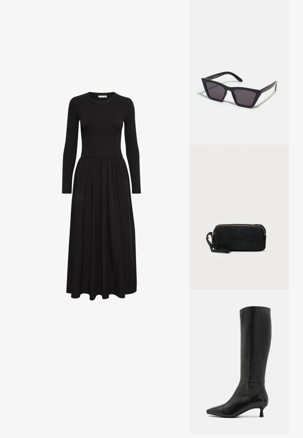 Czarna sukienka z długim rękawem, z prążkowanym korpusem i swobodną, marszczoną spódnicą. Posiada okrągły dekolt i długość do połowy łydki.; Zign - Kozaki; Czarne, kanciaste okulary przeciwsłoneczne z szarymi soczewkami; wykonane z plastiku, z grubymi zausznikami o gładkiej powierzchni i bez widocznych elementów metalowych.; Czarna zamszowa kopertówka z zapięciem na zamek i odpinanym paskiem na nadgarstek. Wyposażona w elementy w kolorze złotym oraz gładką, matową fakturę.