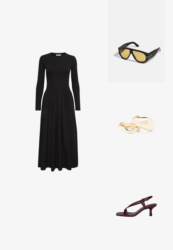 Czarna sukienka z długim rękawem, z prążkowanym korpusem i swobodną, marszczoną spódnicą. Posiada okrągły dekolt i długość do połowy łydki.; Burgundowe sandały na wysokim obcasie z kwadratowym noskiem, smukłymi paskami i zapięciem na kostce. Gładka skórzana faktura i smukły, blokowy obcas.; Czarne okulary przeciwsłoneczne z geometrycznym wzorem, żółtymi soczewkami i złotymi akcentami na zausznikach. Gładka tekstura, szeroki kształt, nowoczesny design.; Złote kolczyki o organicznym, fasolowym kształcie i gładkiej, refleksyjnej powierzchni; cechują się minimalistycznym designem bez widocznych elementów mocujących.