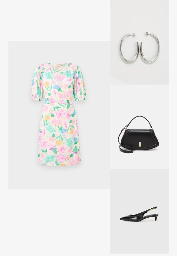 Luftig klänning av lätt tyg med ett pastellblommönster i rosa, blått, gult och grönt. Korta puffärmar betonar designen.; Svart läder slingback-hälar med spetsig tå, med en smal klack och en guldtonad detalj på den justerbara remmen. Slät textur.; Svart läderhandväska med en strukturerad design, som har en avskuren form, ett handtag upptill och guldiga detaljer. Justerbar axelrem ingår.; Silverfärgade hoopsörhängen med en slät, böjd design. Har en glänsande metallisk yta och ett stiftlås. Inga synliga mönster eller detaljer.