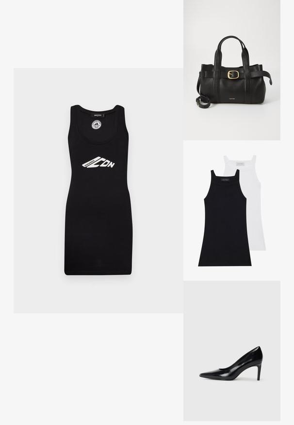 Vestido negro sin mangas hecho de tela de jersey, con un escote en forma de barco y un corte que favorece la silueta, adornado con un gráfico de logotipo impreso en blanco.; Dos camisetas sin mangas en negro y blanco. Están hechas de una tela suave y elástica con una textura acanalada y un diseño ajustado. Cuentan con tirantes estrechos.; Zapato de tacón alto de cuero negro con punta afilada, textura suave y tacón en forma de cono. Diseño minimalista, sin adornos adicionales.; Bolso de cuero negro con un diseño estructurado, doble mango superior, detalle de hebilla en tono dorado y logo de la marca grabado en la parte frontal.