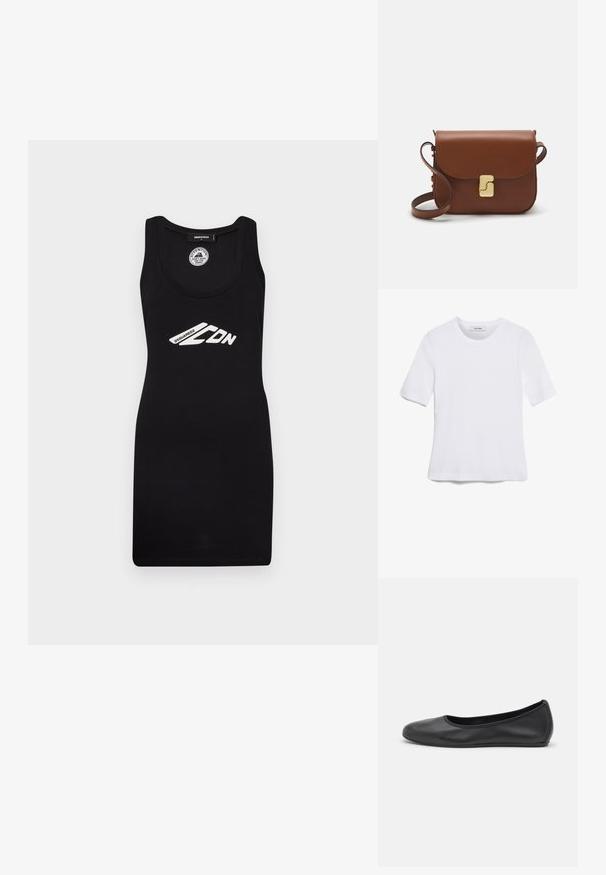 Zwarte tankjurk van jersey stof, met een ronde halslijn en een pasvorm die de silhoeet flatteert, met een witte bedrukte logo-afbeelding.; Witte korte mouwen t-shirt van ribstof. Ronde halslijn, normale pasvorm en subtiele stiksels. Geen patronen of grafische elementen.; Zwarte leren ballerina met een ronde neus, gladde textuur, minimale stikdetails en een flexibele zoolontwerp.; Bruine leren handtas met een klep sluiting, gouden hardware, een schouderband en een gladde textuur. Compact rechthoekige vorm.