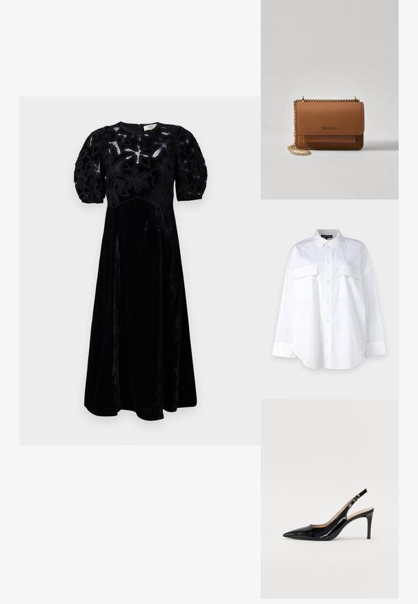 Sea ALICE EMBROIDERY PUFF DRESS - Proginė apranga - black; Balta mygtukinė marška, pagaminta iš medvilnės, su klasikinio stiliaus apykakle, dviem krūtinės kišenėmis ir ilgomis rankovėmis su rankogaliais. Lygaus tekstūros.; Juodas lakinės odos slingback batelis su smailiu nosiu, plonu kulnu ir subtiliu išpjovos dizainu. Yra auksinė sagtis ant dirželio.; Ruda tekstūruota odinė per petį nešama rankinė su auksiniu grandininiu dirželiu ir užlenkiamo užsegimo. Priekinėje pusėje yra logotipo detalė ir kišenė po užlenkimu.