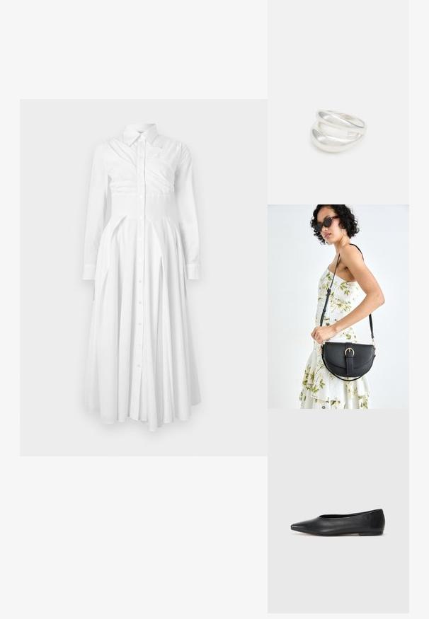 Balta medvilninė marškininė suknelė su ilgomis rankovėmis, mygtukų uždarymu priekyje, klostuota sijona ir prigludusia juosmena. Išsiskiria struktūruotu dizainu ir švelnia tekstūra.; Juodas odinis baleto batas, su smailiu pirštu, minimalistinio dizaino, lygiu paviršiumi, žemo profilio kulnu, be matomos aparatūros ar papuošimų.; Juodas odinis krepšys su išlenkta forma, nuimamu dirželiu ir auksiniais detalėmis. Krepšys turi kilpą su sagtimi.; Sidabrinis dvigubas žiedas su lygiu, poliruotu paviršiumi. Pasižymi sklandžiu, kreiptu dizainu su persipinančiomis dalimis, suteikiančiomis modernų išvaizdą.